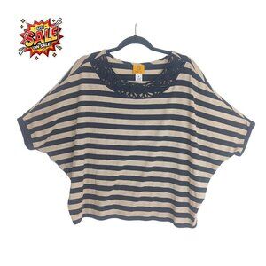 Ruby Rd. M Striped Top Black Beige Short Sleeve Crochet Neck Blouse